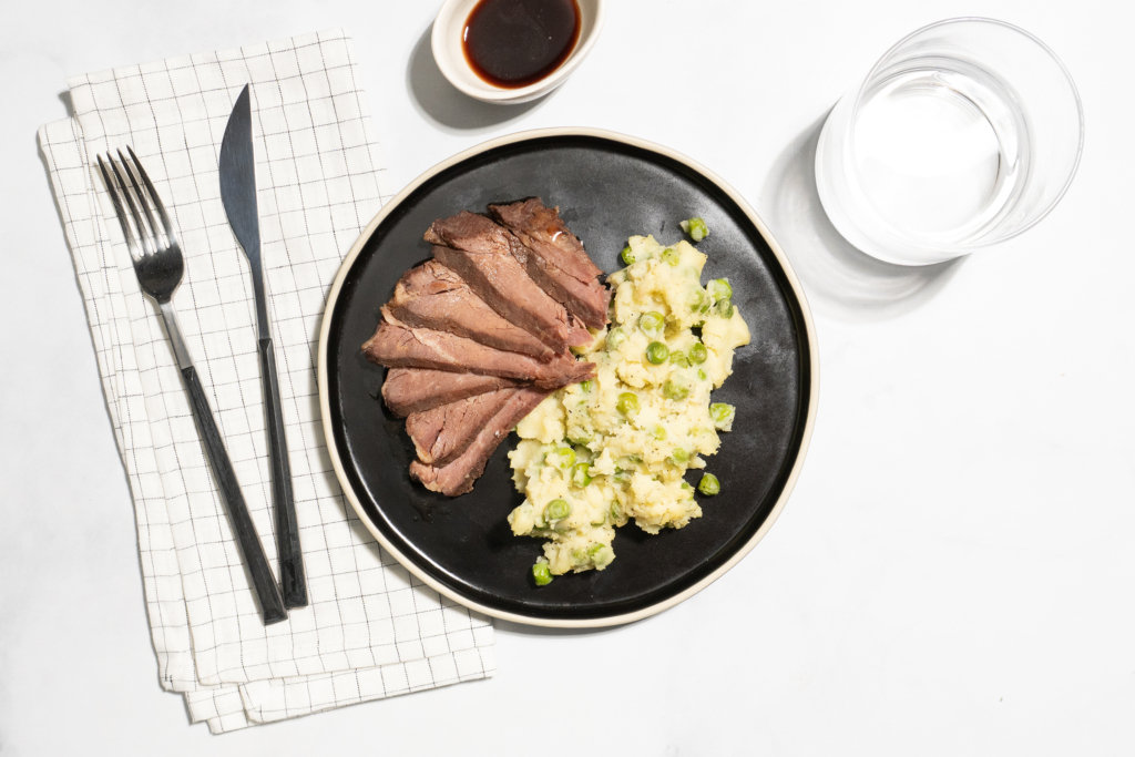 Prime Rib with Mashed Potatoes and Green Peas